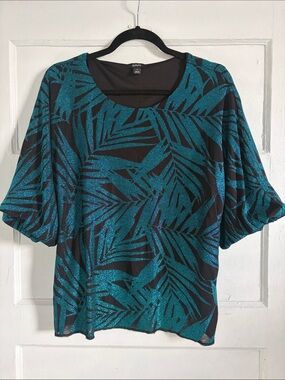 Alfani Teal Palm-Print Glitter Knit Top
